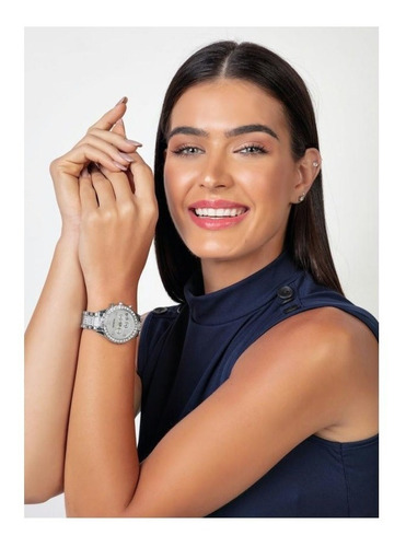 Relógio Feminino Redondo Analógico Prata Com Strass