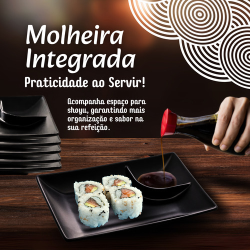 Kit 12 Pratos-retangular De Melamina C/ Molheira Preto Sushi