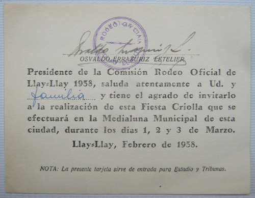 Llay Llay Rodeo Oficial 1958 Invitacion Comision Rodeo