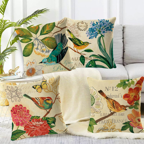 Fundas Cojines Almohada Decorativos Lino Algodón 4pcs 45cm Aves