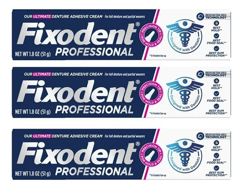 3 X Fixador De Dentadura Fixodent Professional Tubos De 51g