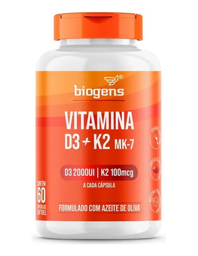 Vitamina D3 2000ui + K2 Mk7 100mg 60 Cápsulas Biogens 