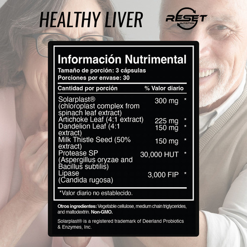 Reset Nutrition Healthy Liver 90 Cápsulas Suplemento Alimenticio para Desintoxicación Hepática, Protección del Hígado, y Salud Digestiva