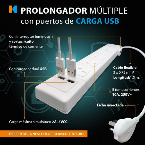 Zapatilla Prolongador 5 Tomas Negra + Usb + 1.5m Cable Kalop