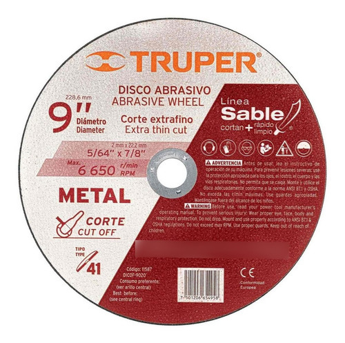 Disco 41 Corte Fino Metal Sable 9'', 2mm Truper 11587 Color Gris
