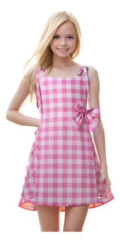 Vestido Fantasia Barbie 2023 Xadrez Rosa E Branco Infantil