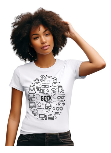 Camiseta Feminina Branca Geek Elementos Nerd