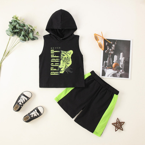 Conjunto Niño Sin Mangas Con Capucha Y Estampado De Leopardo Negro 2-3 Años
