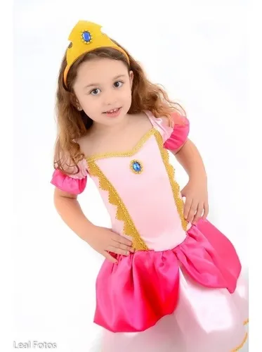 Fantasia Vestido Peach Aurora Princesa Infantil Festa