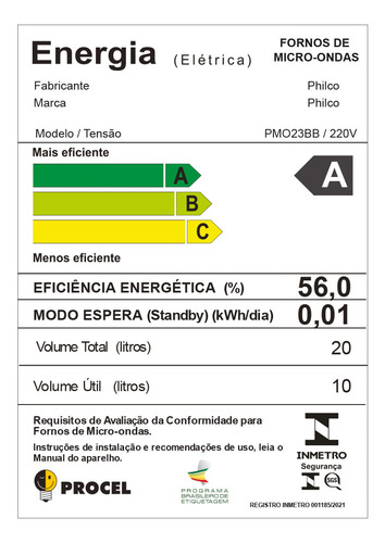 Micro-ondas Philco Pmo23bb Multifunções Limpa Fácil 20l 1100