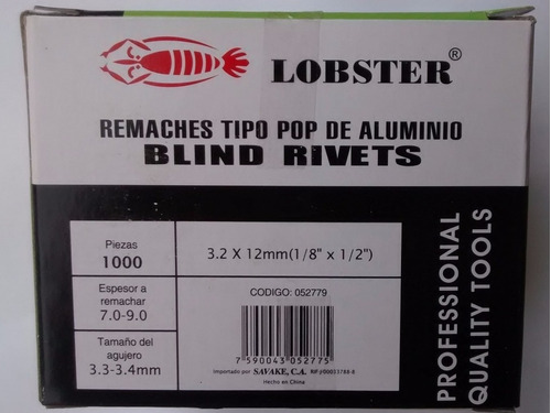 Remache  Aluminio Lobster 3.2x12(1/8 X 1/2)