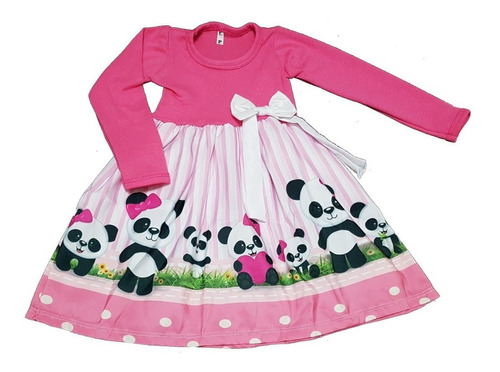 Vestido Infantil Ursinha Panda Manga Longa Inverno Fab2