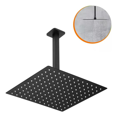 Ducha Chuveiro Quadrado Teto 20x20 Preto Com Braço De 30cm Acabamento Fosco