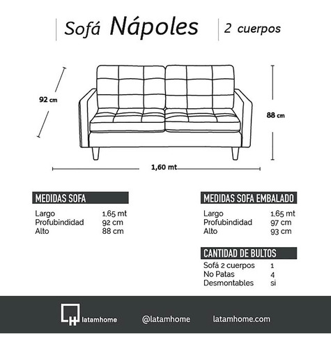 Sofa Napoles 2 Cuerpo Cuero Kentucky - Latam Home