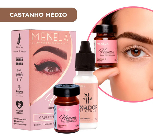 Henna Menela Castanho Médio Padrão Profissional Para Designer De Sobrancelhas 2.5g Com Fixador E Nanotecnologia Completo