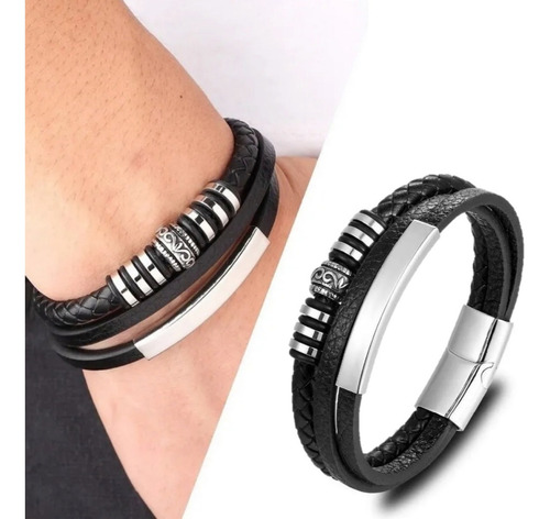 Pulseira Masculina Executiva Tribal Couro Prata Com Garantia