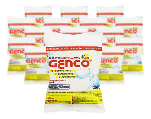 Kit 20 Pedras De Cloro Genco 3 Em 1 Para Piscina 200g Cada