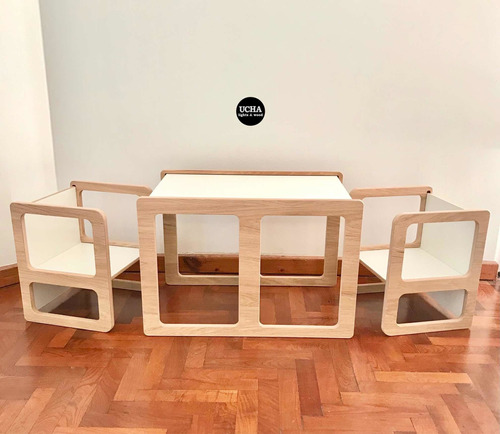 Juego Montessori Mesa Cubo 2 Sillas Madera Nordico