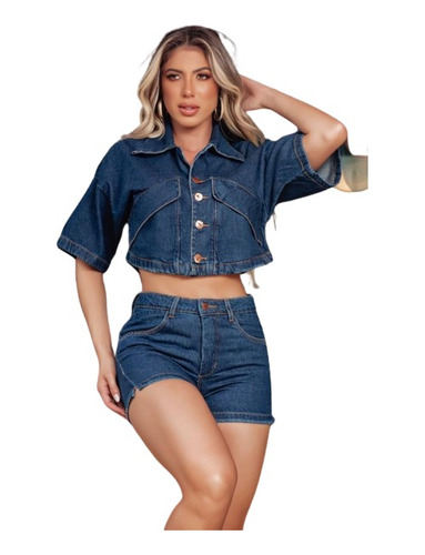 Conjunto Feminino Jeans Cropped Camisa + Short 042