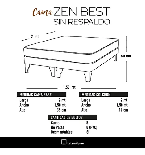 Cama Europea Zen Best Tela Pu 2 Plazas - Latam Home