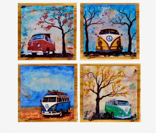 Autobús Vintage, Posavasos De Arte Fino, Juego De 4, F...