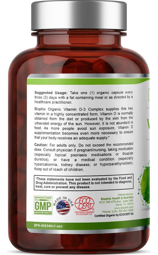 Complejo Orgánico De Vitamina D-3 10000 Ui Con 180 Capsulas