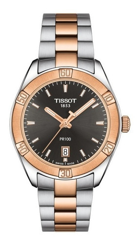 Reloj Tissot T101.910.22.061.00 Pr100 Chic Para Mujer, Color De Correa Plateado, Color De Bisel, Color Rosa, Fondo Negro