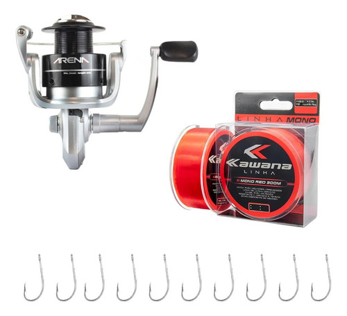 Kit Molinete Arena 4000 + Linha 0,33mm + 10 Anzol