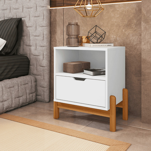 Mesa De Cabeceira Para Quarto Com Pés De Madeira E 1 Gaveta Acabamento Brilhante Cor Branco