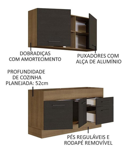 Cozinha Compacta Agata Madesa 150002 Armário Sem Tampo Rp Cor Rustic/Preto