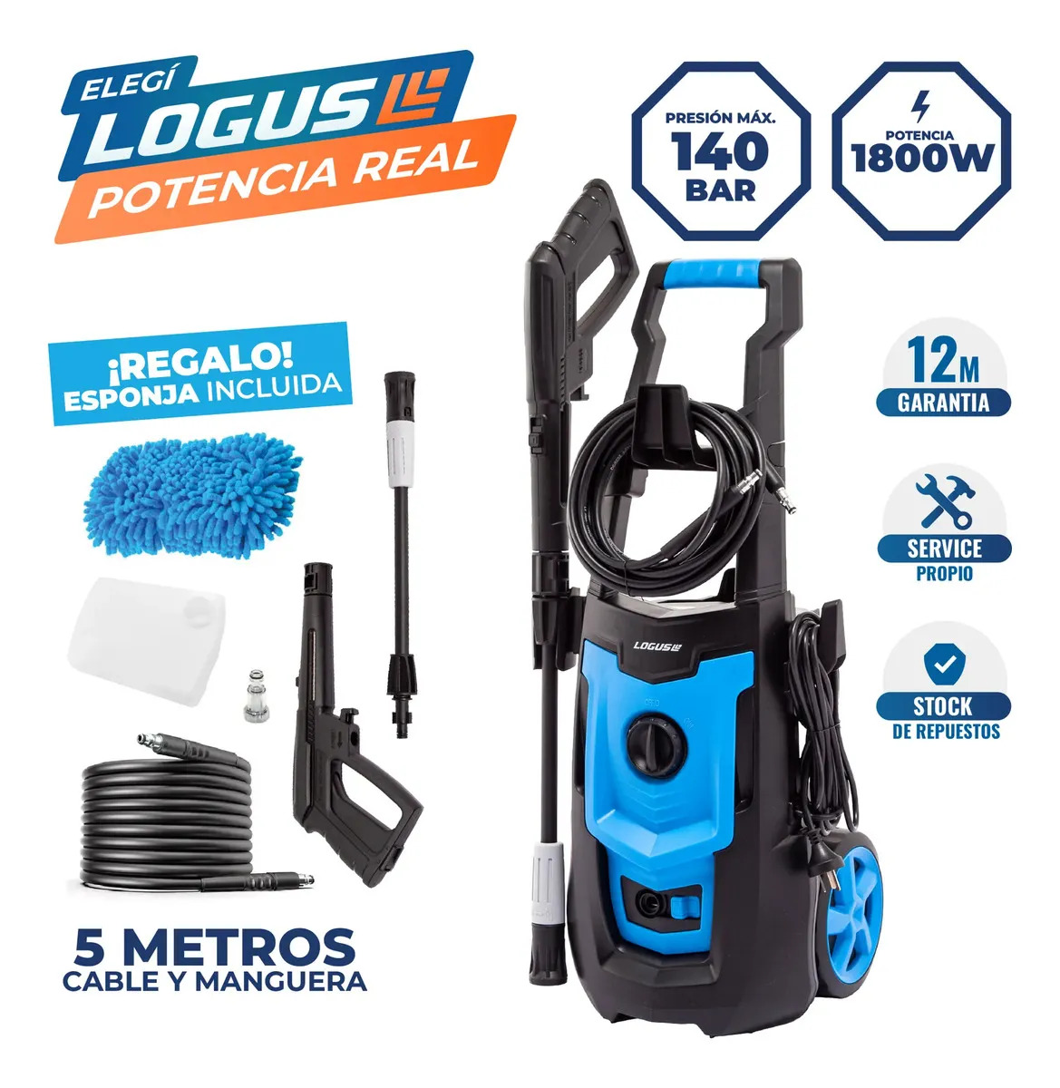Hidrolavadora Eléctrica Logus 140 Bar Alta Presión 1800W Con Dosificador De Espuma Y Accesorios