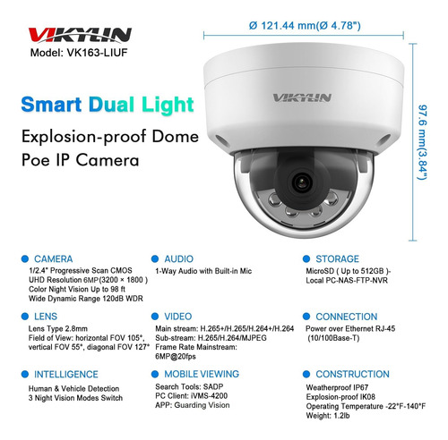 Vikylin Cámara Domo Ip Poe De 6 Mp Con Luz Dual, Visión Noct