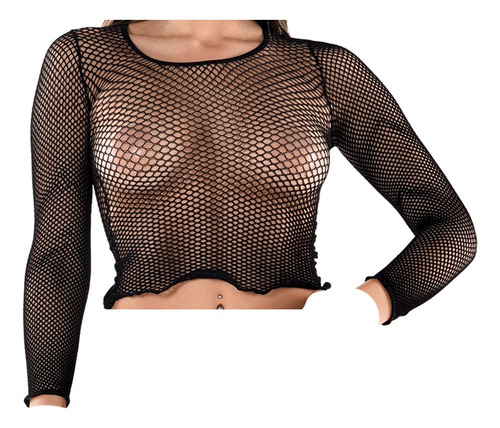 Camiseta De Red Mangas Largas Elastizada Remera Sexy Negra