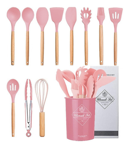 Kit 12 Utensílios De Cozinha Em Silicone E Cabo De Madeira Cor Rosa