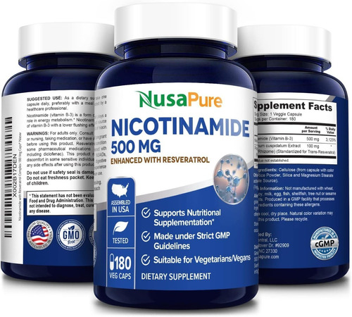 Nicotinamida +resveratrol Vitamina B-3 X500mg X180un +nad
