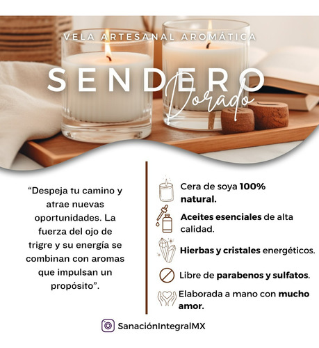Vela Artesanal Aromática - 210 Ml - Protección Y Abre Camino Blanco Vela Sendero Dorado Mandarina
