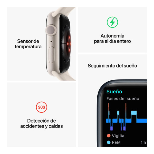 Apple Watch Series 8 GPS - Caja de aluminio medianoche 41 mm - Correa deportiva medianoche - Patrón