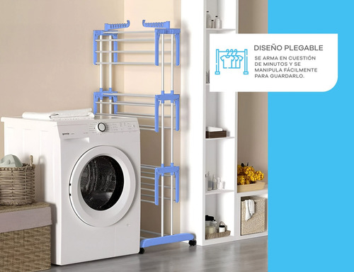 Tender Vertical Para Ropa Con Ruedas Plegable 3 Niveles 40kg Azul Acero