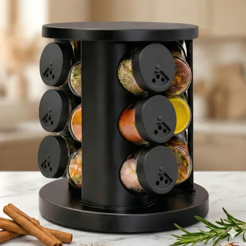 Porta Condimentos Temperos Giratório 9 Potes De Vidro Preto