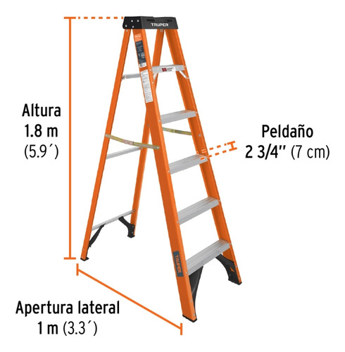 Escalera De Tijera, Tipo Ll, 5 Peldaños, Fibra De Vidrio Color Naranja