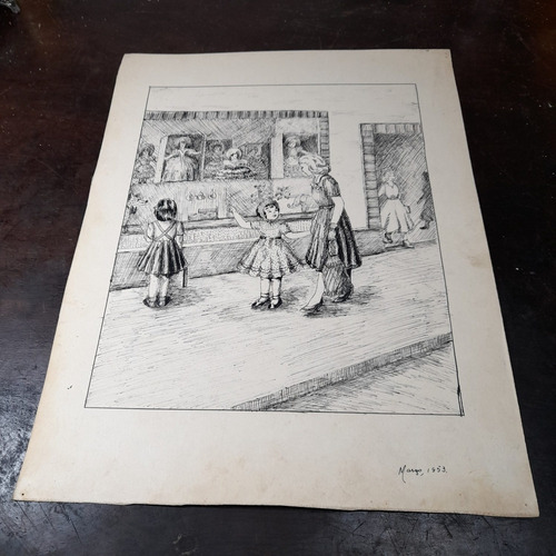 Imagem 2 de 9 de Pintura Desenho Bico De Pena Nanquim Datado 1953 Antiga