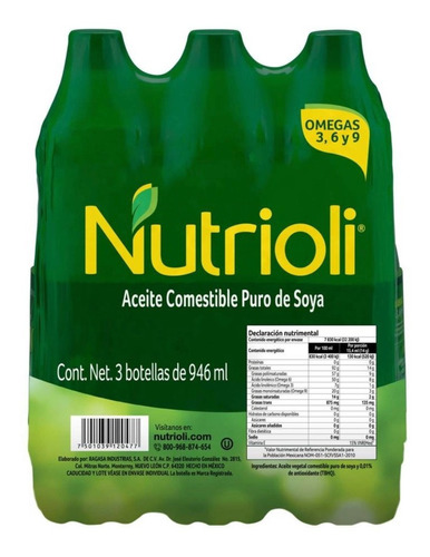 Aceite Comestible Puro De Soya Nutrioli Con 3 Piezas De 946m