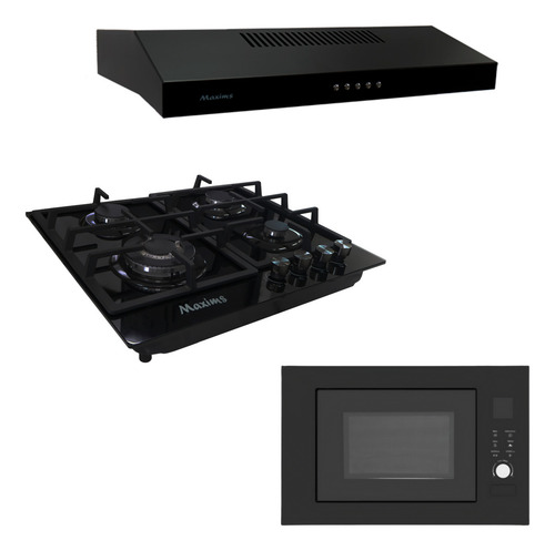 Parrilla De Gas 4 Quemadores Maxims Hbh4gs De Cristal Templado Incluye Campana De Cocina Maxims Hf6101aba Color Negro Y Horno De Microondas Empotrable.