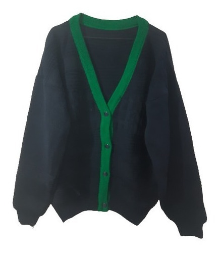 Suéter Escolar Abierto Azul Marino Raya Verde Trenzado 