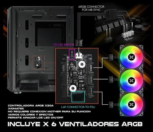 Imagen 4 de 10 de Gabinete Gamer Xigmatek Gaming X 6 Fanes Argb Controladora