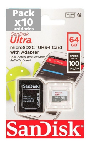 Pack X10 Tarjetas De Memoria Micro Sd64 Gb Sandisk Celular