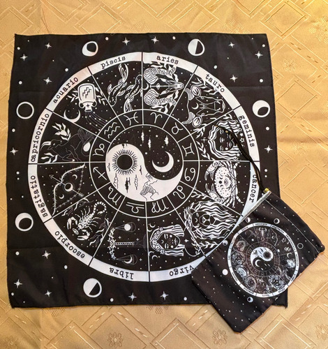 Paño Tarot Yin Yang Zodíaco Con Bolsa Para Cartas