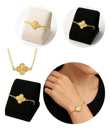Pulseira Feminina Dourada Com Pingente Flor De Trevo 4 Folha