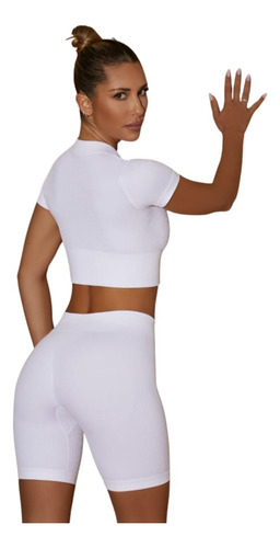 Conjunto Deportivo Biker Push Up  + Crop Top Blanco