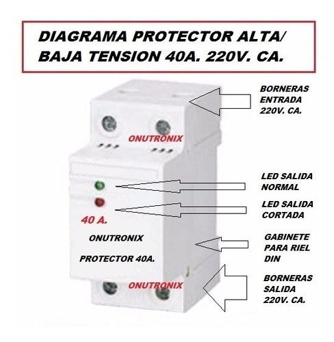 Imagen 3 de 9 de Protector Alta Baja Tension Automatico 220v Ca. 40a Riel Din